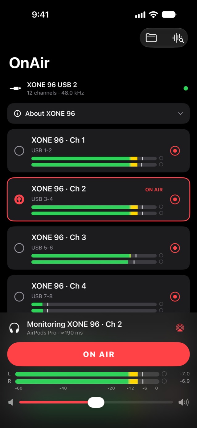 Channel 2 monitored on AirPods Pro with live meters